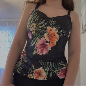 Black Floral Tropical Flower Bathing Suit Top